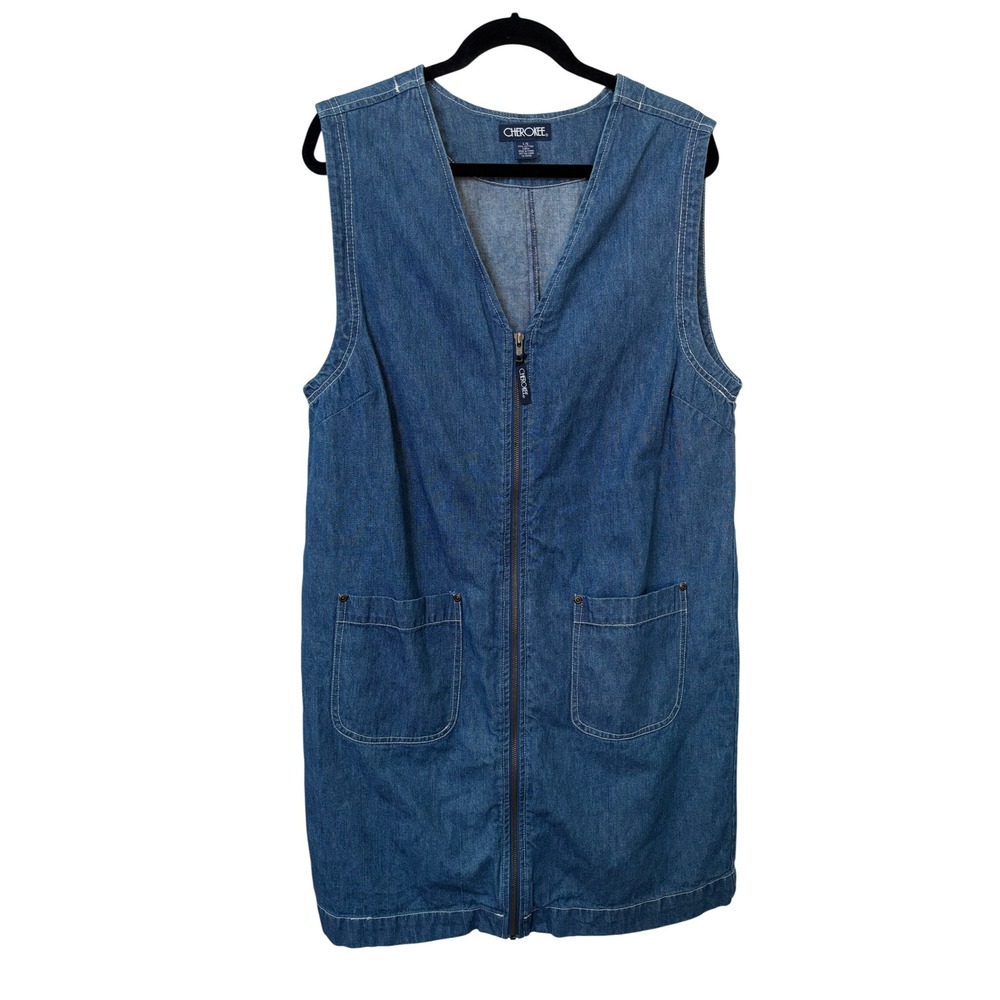 Y2K Cherokee Womens Blue Denim Zip Front Jumper Dress L V-Neck Pockets Cotton